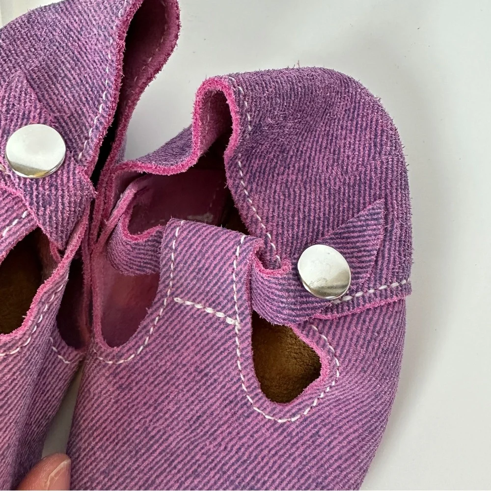 Pink Purple Denim Mon Petit Shoes Sz 5 Handmade Leather Baby Toddler MPs T-Strap